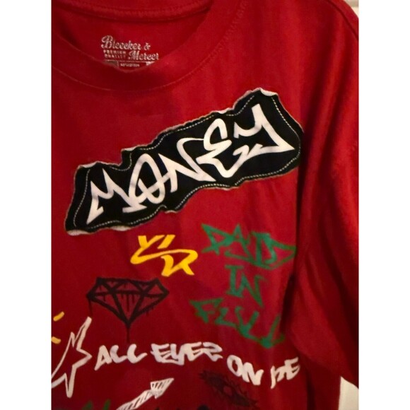 BLEEKER & MERCER MENS HEAVYWEIGHT RED TSHIRT GRAFFITI DESIGN USED - Picture 4 of 12